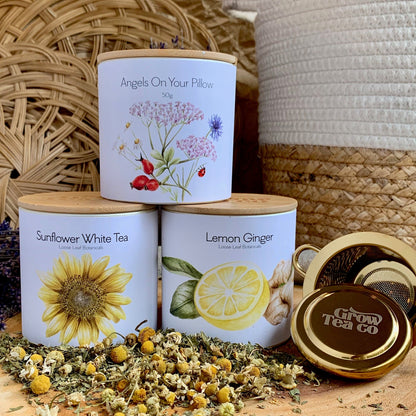 Holiday Tea Bundle - Three Canisters + Gold Tea Infuser - Grow Tea Company