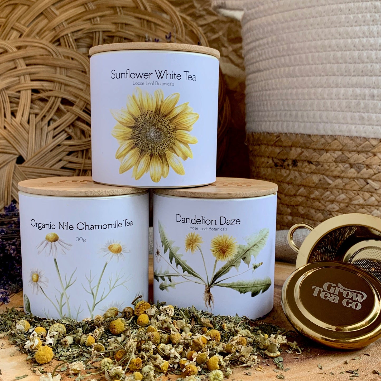 Holiday Tea Bundle - Three Canisters + Gold Tea Infuser - Grow Tea Company