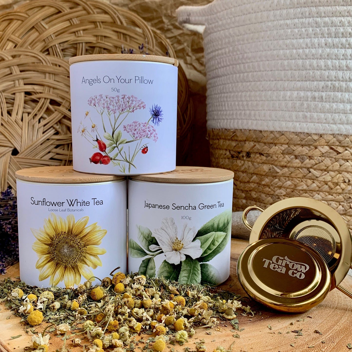 Holiday Tea Bundle - Three Canisters + Gold Tea Infuser - Grow Tea Company