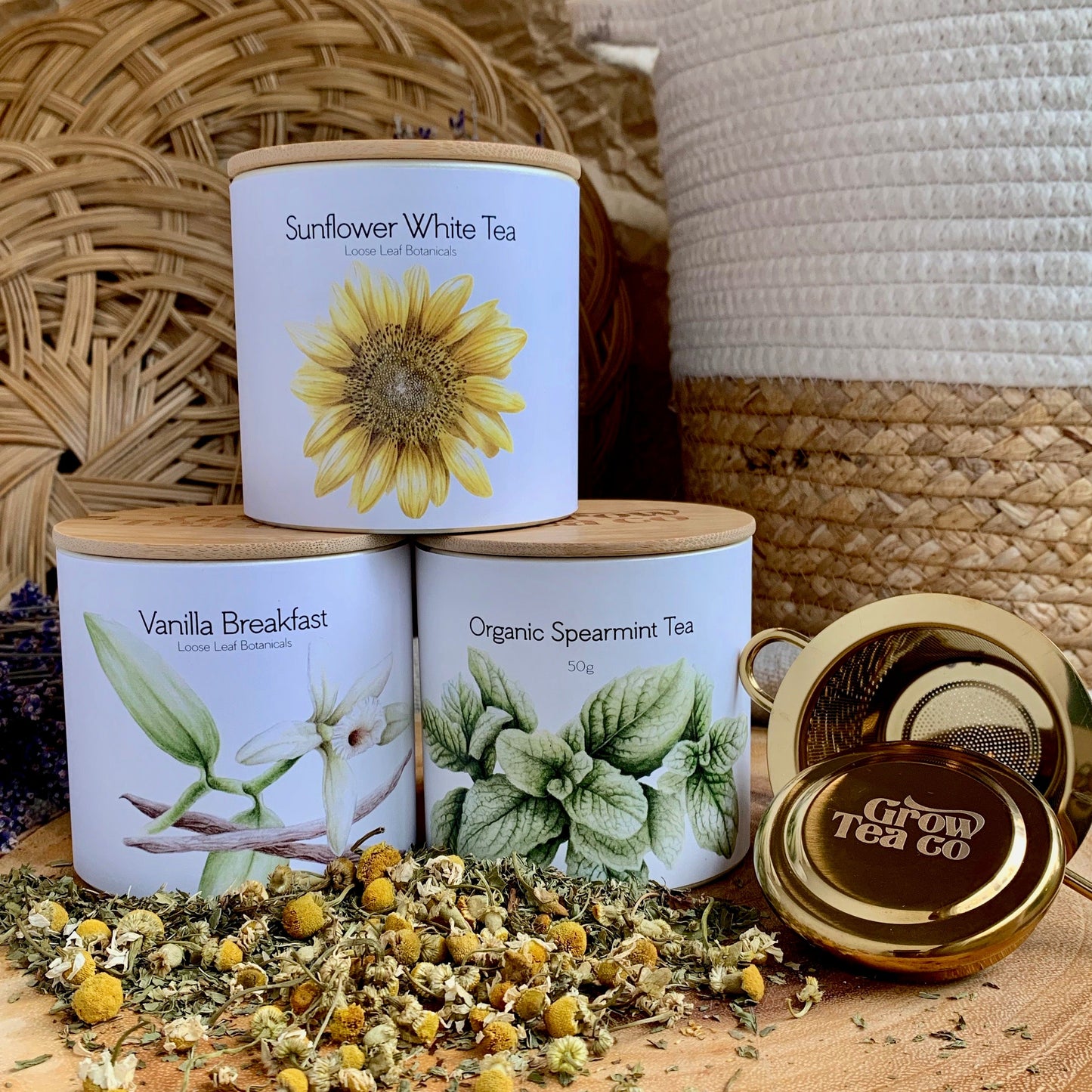 Holiday Tea Bundle - Three Canisters + Gold Tea Infuser - Grow Tea Company